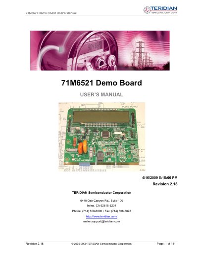 Teridian 71M6521 Demo Board User Manual - cover page