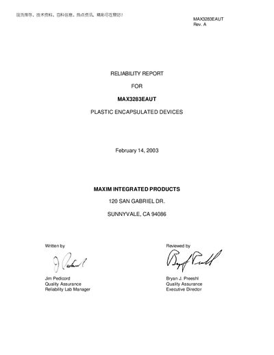Maxim MAX3283EAUT Plastic Encapsulated Device Reliability Report - cover page