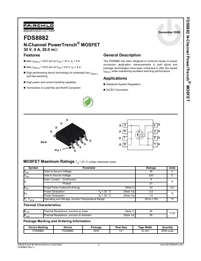 Fairchild Semiconductor FDS8882 N-Channel PowerTrench MOSFET Datasheet - cover page
