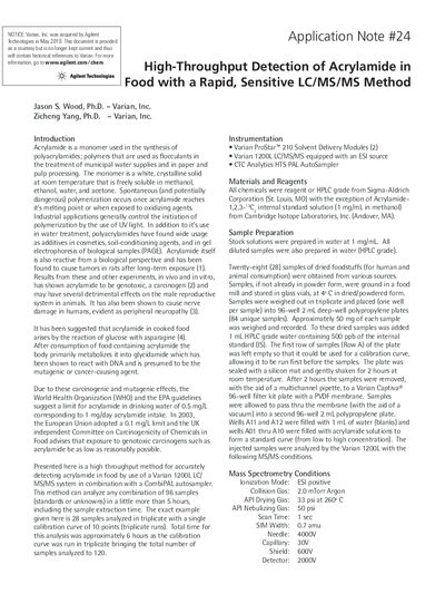 Agilent Application Note #24 High-Throughput Detection of Acrylamide in Food with a Rapid Sensitive LC/MS/MS Method