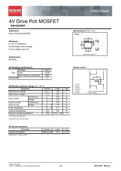 ROHM RW1E025RP MOSFET Datasheet - cover page