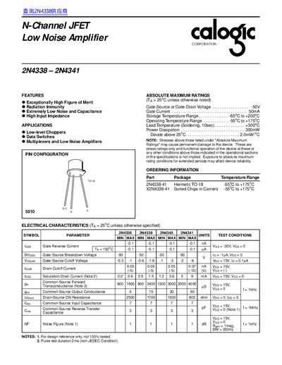 Calogic 2N4338-2N4341 N-Channel JFET Low Noise Amplifier Datasheet - cover page