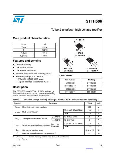STMicroelectronics STTH506 Ultrafast Rectifier Datasheet