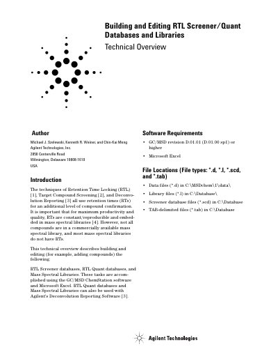 Agilent RTL Screener/Quant Databases and Libraries Manual - cover page