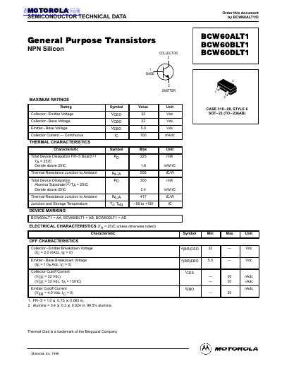 Motorola BCW60ALT1/BCW60BLT1/BCW60DLT1 General Purpose Transistors Datasheet - cover page