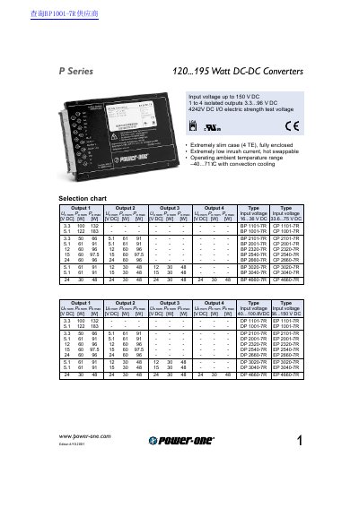 Power-One P Series 120...195 Watt DC-DC Converters Datasheet - cover page