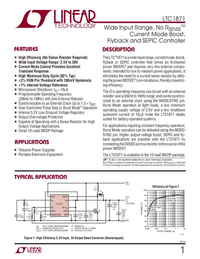 LINEAR TECHNOLOGY LTC1871 1871fc Wide Input Range No RSENSE Current Mode Boost Flyback SEPIC Controller handbook - cover page