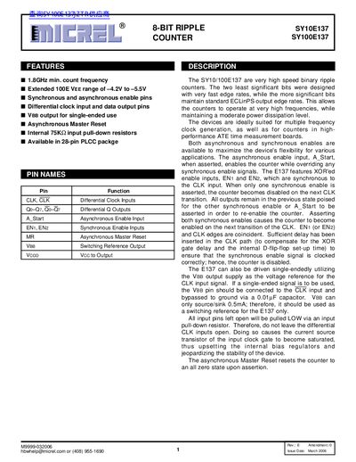 Micrel SY10E137 / SY100E137 8-bit Shift Register Datasheet - cover page