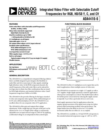 Analog Devices ADA4410-6 Integrated Video Filter Datasheet - cover page