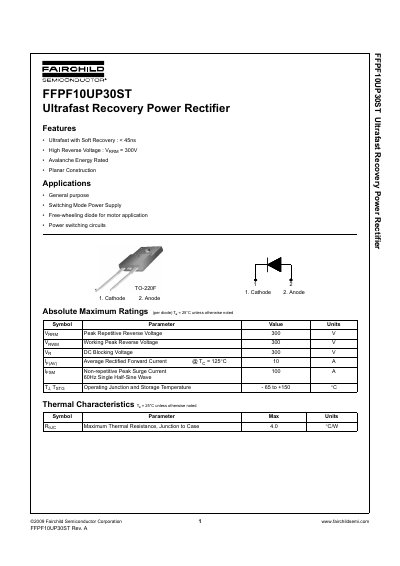 Fairchild Semiconductor FFPF10UP30ST Ultrafast Recovery Power Rectifier Datasheet