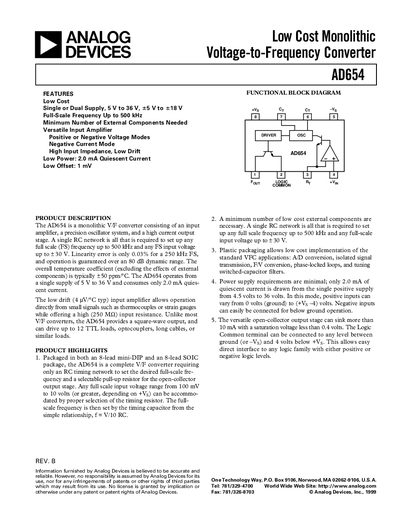 Analog Devices AD654 Voltage-to-Frequency Converter Datasheet