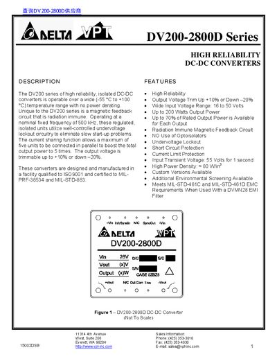 DELTA DV200-2800D Series HIGH RELIABILITY DC-DC CONVERTERS - cover page