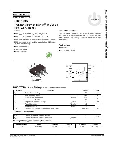 Fairchild FDC3535 P-Channel MOSFET Datasheet - cover page