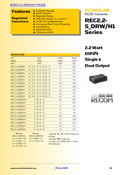 RECOM REC2.2 DIP24 Single Dual Output Datasheet - cover page