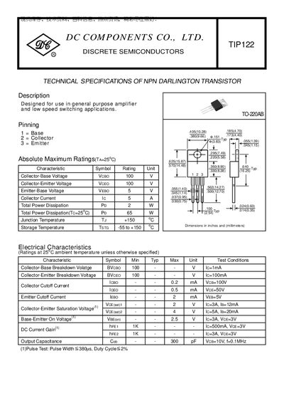 DC Components TIP122 Datasheet - cover page