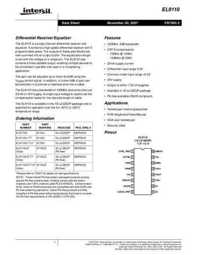 Intersil EL9110 Differential Receiver/Equalizer Datasheet - cover page