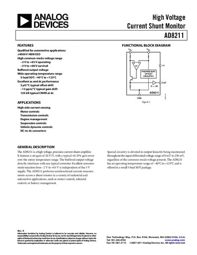 Analog Devices AD8211 High Voltage Current Shunt Monitor Datasheet Rev A