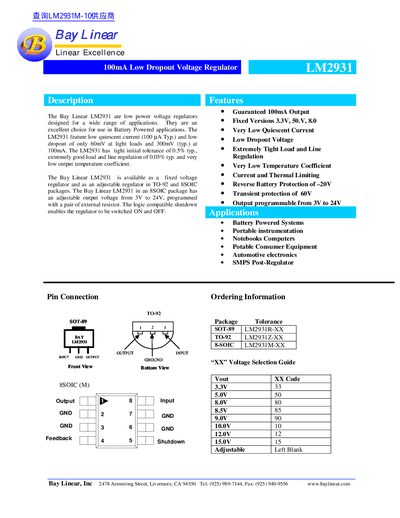 Bay Linear LM2931 100mA Low Dropout Voltage Regulator Datasheet - cover page
