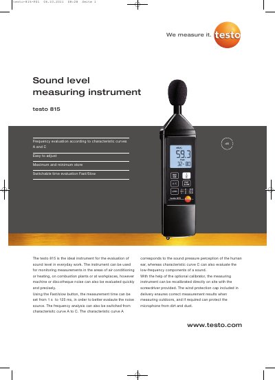 testo 815 Sound Level Meter Product Leaflet - cover page