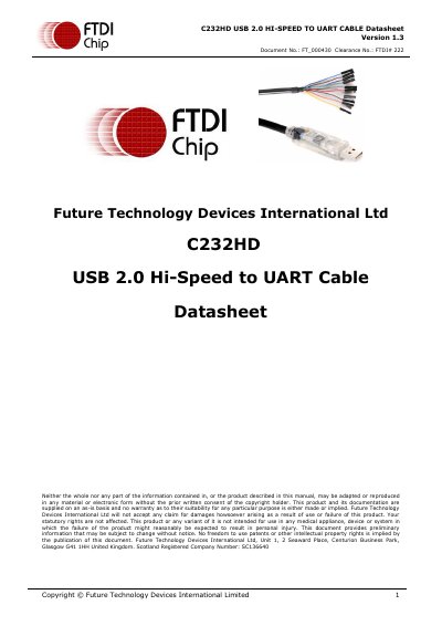 Future Technology Devices C232HD USB 2.0 Hi-Speed to UART Cable Datasheet - cover page