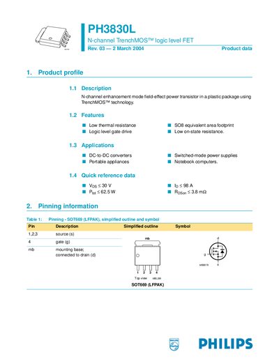 Philips PH3830L N-channel TrenchMOS Logic Level FET Datasheet - cover page