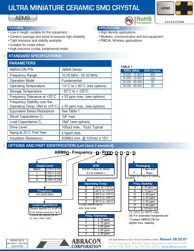 ABRACON ABM8 Series Ultra Miniature Ceramic SMD Crystal Datasheet - cover page