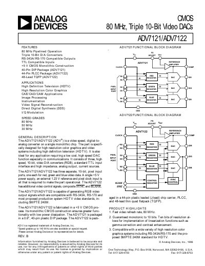 Analog Devices ADV7121/ADV7122 Datasheet - cover page