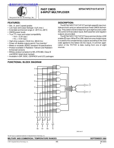 IDT IDT54/74FCT151T/AT/CT 8-Input Multiplexer Datasheet - cover page