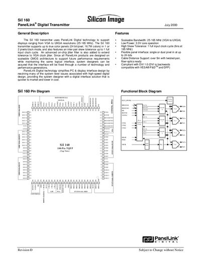 Silicon Image SiI 160 PanelLink Digital Transmitter Data Sheet - cover page