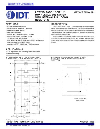 IDT IDT74CBTLV16292 Low-Voltage 12-Bit 1:2 Mux/Demux Bus Switch Datasheet - cover page