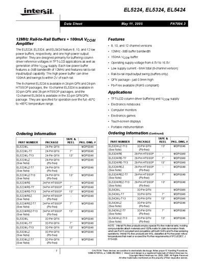 Intersil EL5224/EL5324/EL5424 Data Sheet - cover page