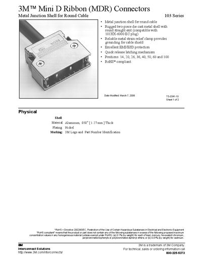 3M 103 Series Mini D Ribbon (MDR) Connectors Metal Junction Shell Product Leaflet - cover page