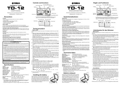 Yamaha TD-12 Chromatic Tuner Owner's Manual - cover page