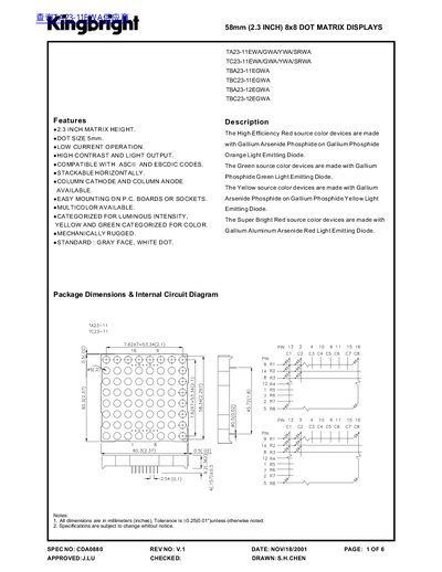 Kingbright 58mm 8x8 Dot Matrix Display Datasheet - cover page