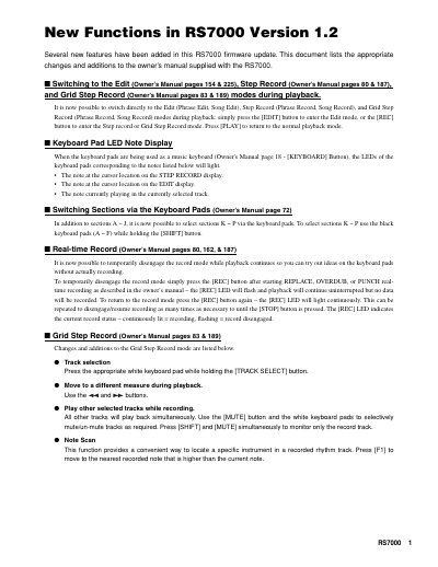 Yamaha RS7000 Firmware Version 1.2 Update Guide - cover page