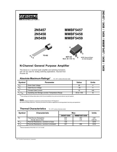 FAIRCHILD 2N5457/2N5458/2N5459/MMBF5457/MMBF5458/MMBF5459 N-Channel General Purpose Amplifier handbook - cover page