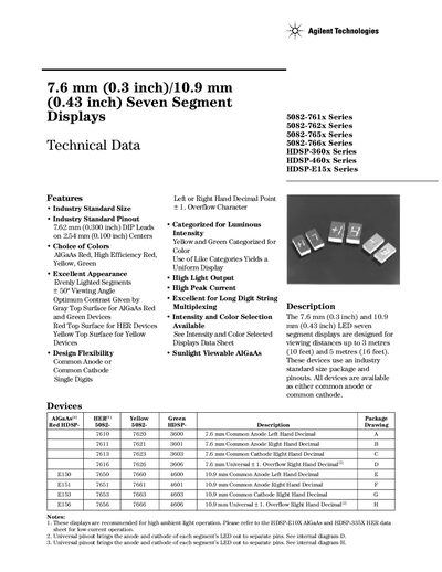 Agilent 5082-761x Series Seven Segment Display Datasheet - cover page