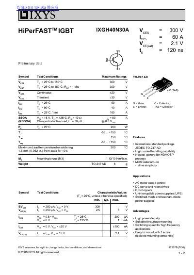 IXYS IXGH40N30A IGBT Preliminary Data Sheet