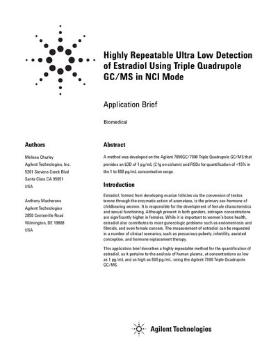 Agilent 7000 Triple Quadrupole GC/MS Estradiol Detection Application Brief
