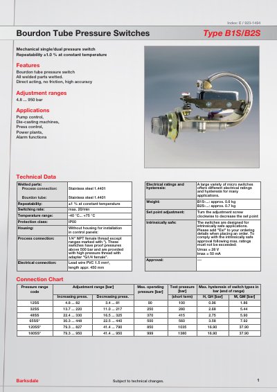 Barksdale B1S/B2S Bourdon Tube Pressure Switches Datasheet - cover page