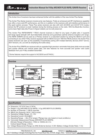 FrSky ARCHER PLUS R6FB/GR6FB Receiver Instruction Manual - cover page