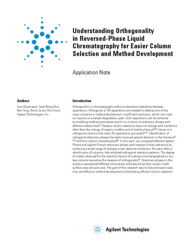 Understanding Orthogonality in Reversed-Phase Liquid Chromatography for Easier Column Selection Method Development Appli - cover page