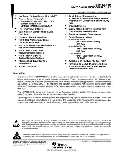 Texas Instruments MSP430xW42x Mixed Signal Microcontroller Datasheet - cover page