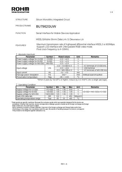 ROHM BU7962GUW Serial Interface Deserializer LSI Datasheet - cover page