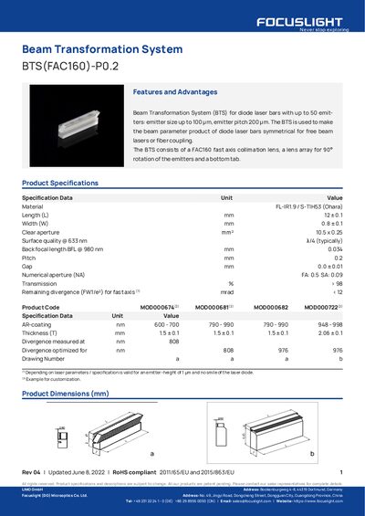Focuslight BTS(FAC160)-P0.2 Beam Transformation System Product Leaflet - cover page