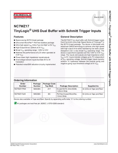 Fairchild NC7WZ17 TinyLogic UHS Dual Buffer with Schmitt Trigger Inputs Datasheet - cover page