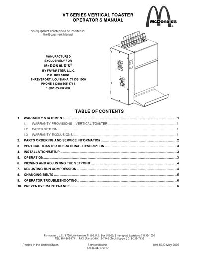 Frymaster VT SERIES Vertical Toaster Operator Manual - cover page
