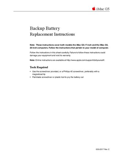 Apple iMac G5 Backup Battery Replacement Instructions - cover page