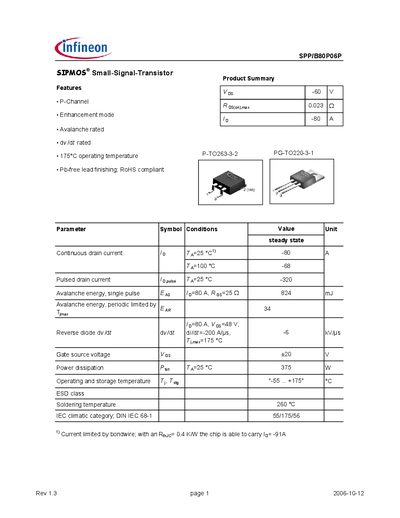 Infineon SPP/B80P06P Datasheet - cover page