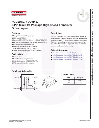 FAIRCHILD FODM452 FODM453 5-Pin Mini Flat Package High Speed Transistor Optocoupler handbook - cover page